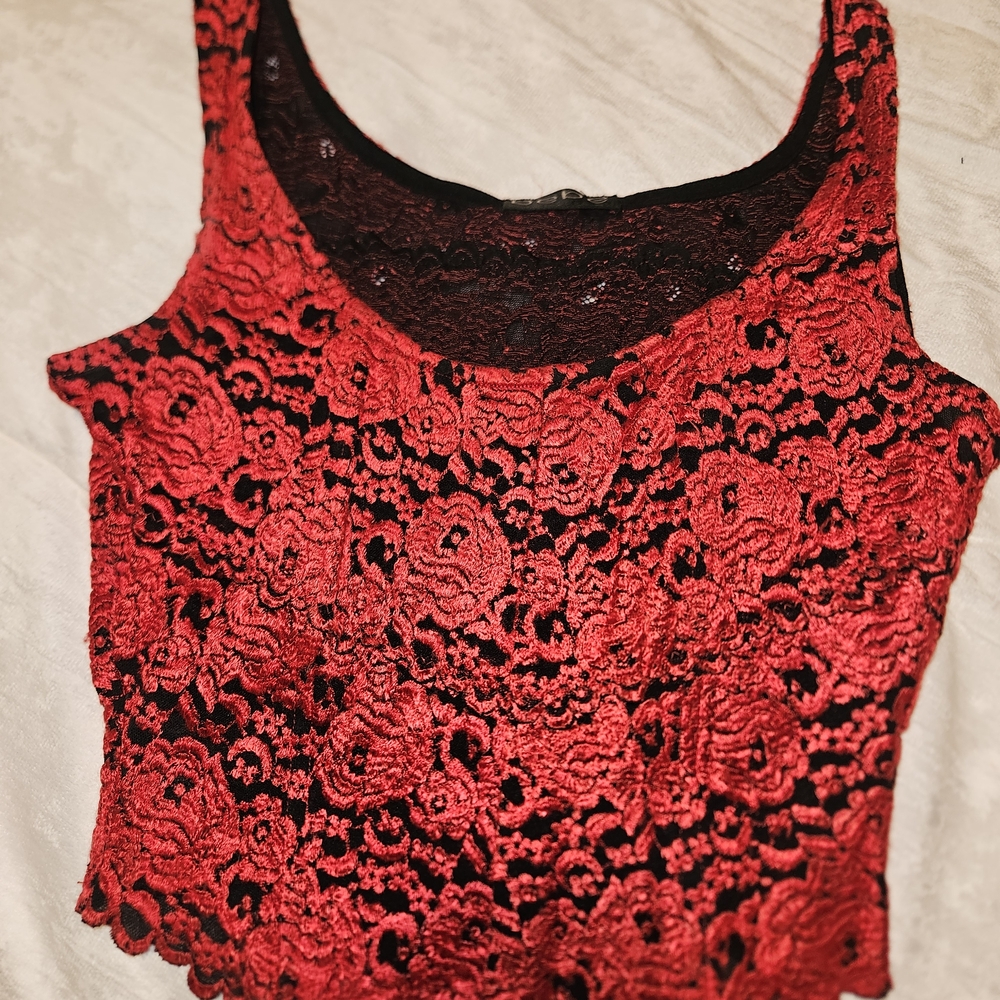 bebe Red and Black Lace Crop Top